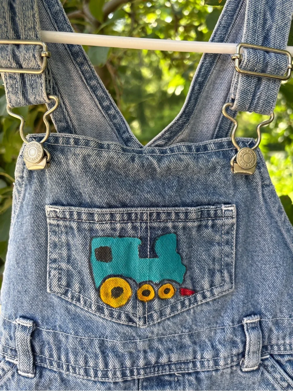 Old Navy Light Blue Denim Overalls with Train Appliqué